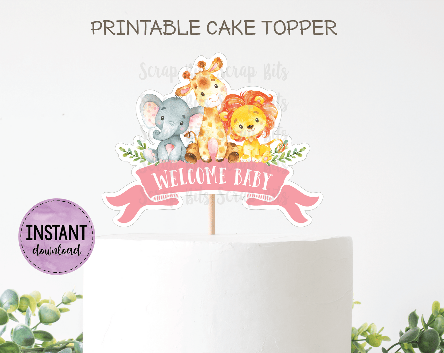 Jungle Baby Shower Cake Topper, Pink . Instant Download - Scrap Bits