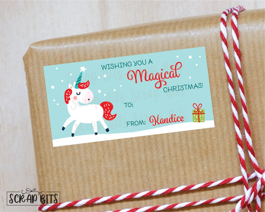 Magical Christmas Unicorn Stickers . Rectangular Christmas Gift Labels - Scrap Bits