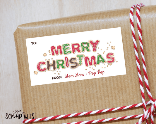 Merry Christmas Stickers, Letter Cookies, To From Christmas Gift Stickers . Rectangular Gift Labels - Scrap Bits