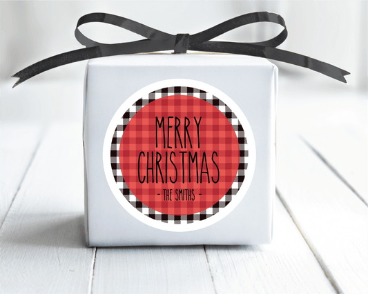 Merry Christmas Stickers, Simple Lettering on Buffalo Plaid Stickers or Tags . Christmas Gift Labels - Scrap Bits