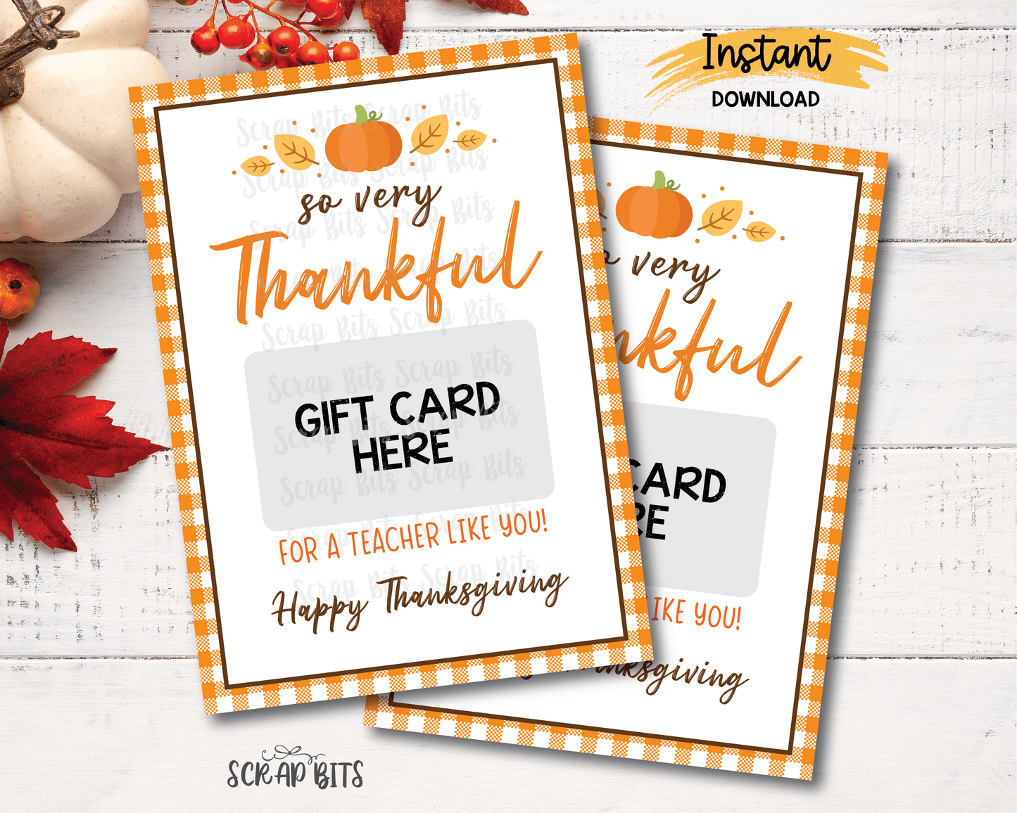Minimal So Very Thankful For A Teacher Like You, Orange Gingham Thankful Gift Card Holder, Printable Thanksgiving Gift Card Holder, Instant Download - Scrap Bits