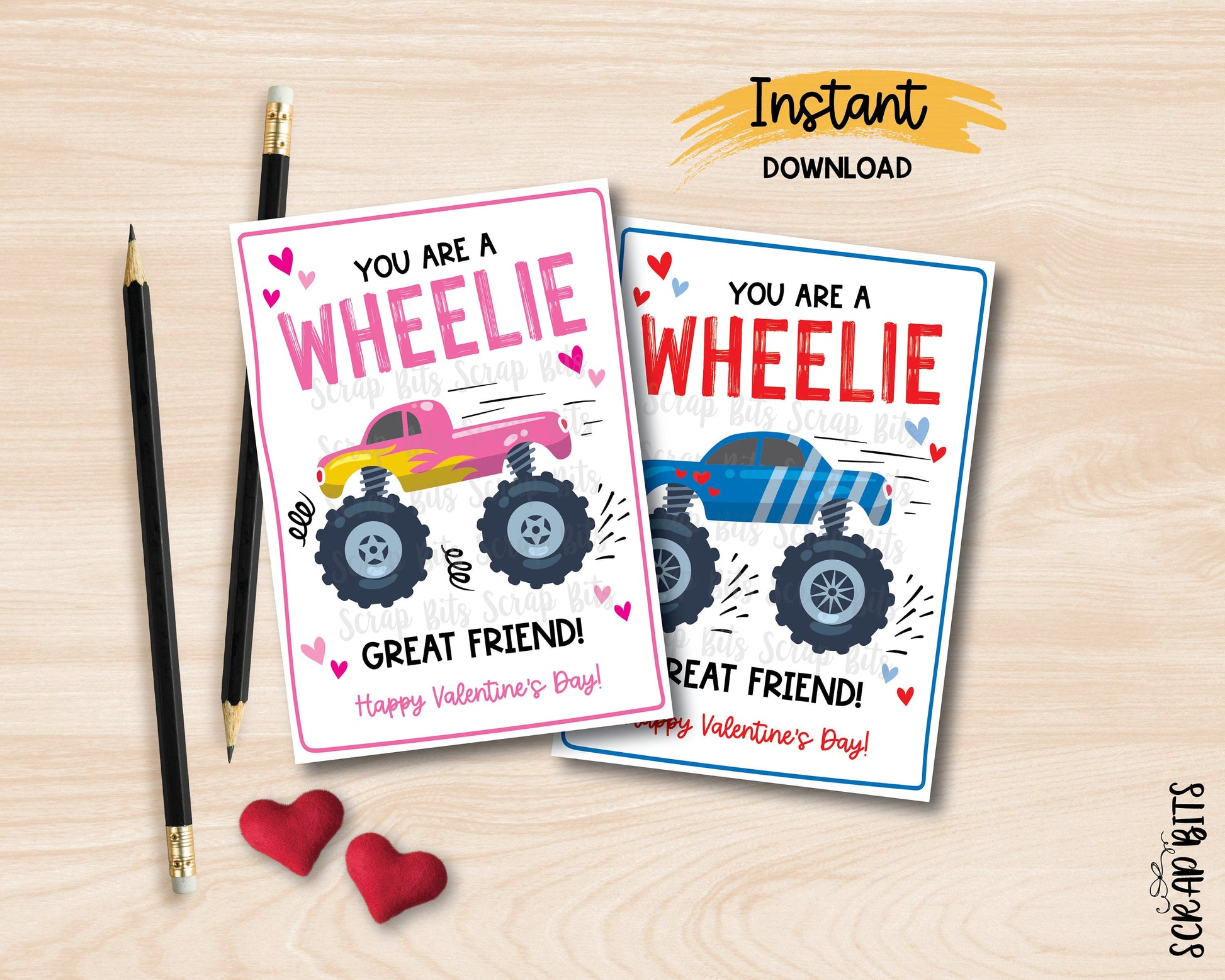 Monster Truck Valentines, You Are A WHEELIE Great Friend, Printable Classroom Valentines, Instant Download - Scrap Bits
