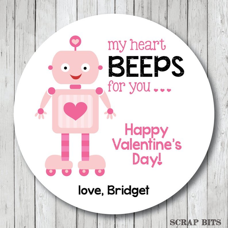 My Heart Beeps for You Valentine, Robot Valentines . Valentine's Day Stickers or Tags - Scrap Bits