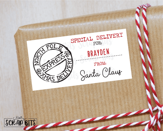 North Pole Express Special Delivery, From Santa Stickers . Rectangular Christmas Gift Labels - Scrap Bits