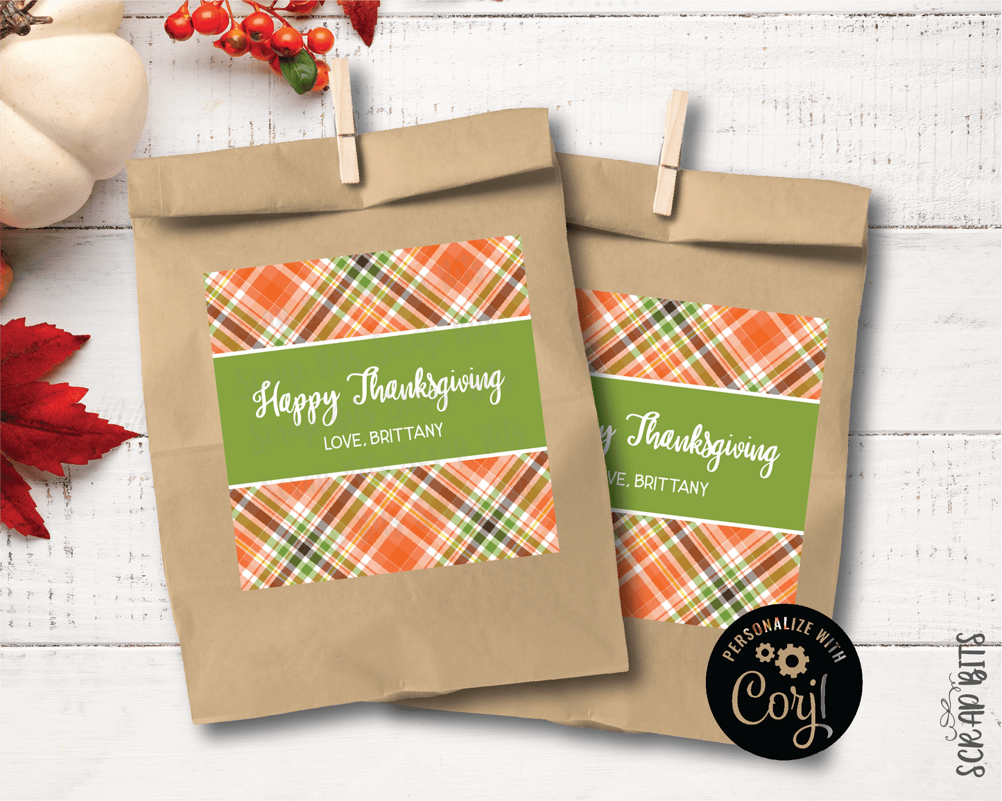 Orange & Green Plaid Happy Thanksgiving Tags, Printable Thanksgiving Tags, Instant Download Editable Template - Scrap Bits