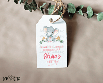 Our Little Peanut Birthday Tags, Pink Ears Elephant Birthday Favor Tags - Scrap Bits