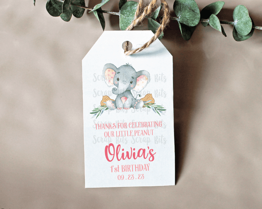 Our Little Peanut Birthday Tags, Pink Ears Elephant Birthday Favor Tags - Scrap Bits