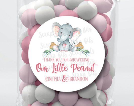 Our Little Peanut Elephant, Pink . Baby Shower Stickers or Tags - Scrap Bits