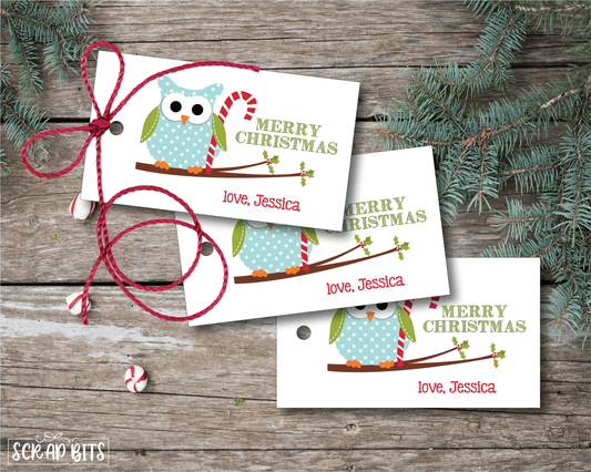 Owl with Candy Cane Tags . Personalized Christmas Gift Tags - Scrap Bits