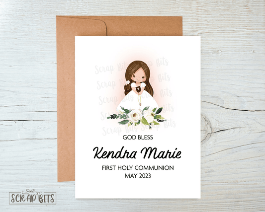 Personalized First Holy Communion Card, Watercolor Floral Girl Portrait Card - Scrap Bits