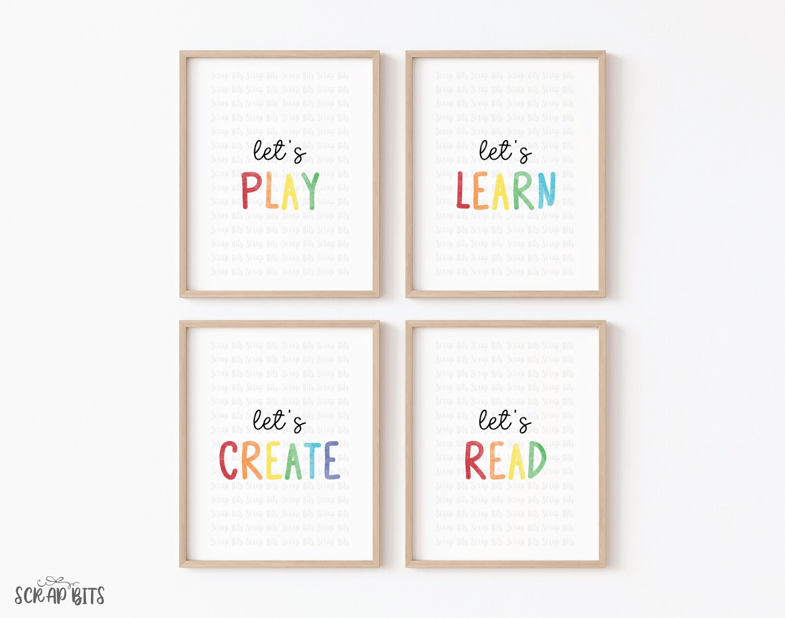 Playroom Wall Art Set of 4 . Let's Play, Let's Read, Let's Create, Let's Learn, Thin Watercolor Rainbow . 5 Digital Print Sizes - Scrap Bits