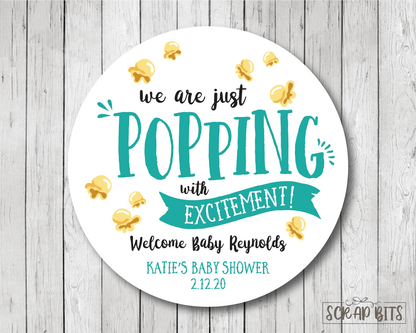 Popping With Excitement, Popcorn Baby Shower Stickers or Tags - Scrap Bits