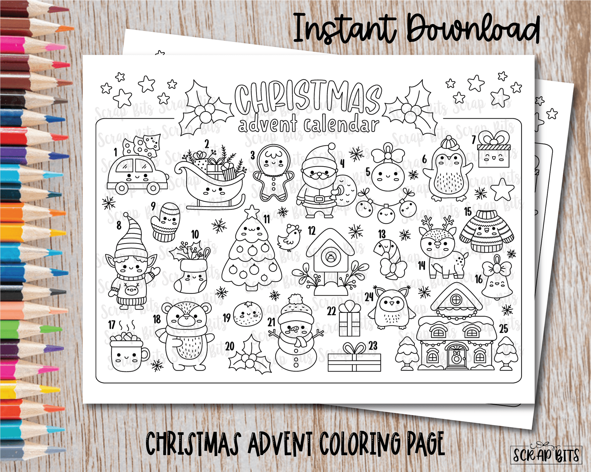 Printable Christmas Advent Calendar, Christmas Coloring Sheet . Instan – Scrap Bits printable-christmas-advent-calendar-christmas-coloring-sheet-instan-scrap-bits