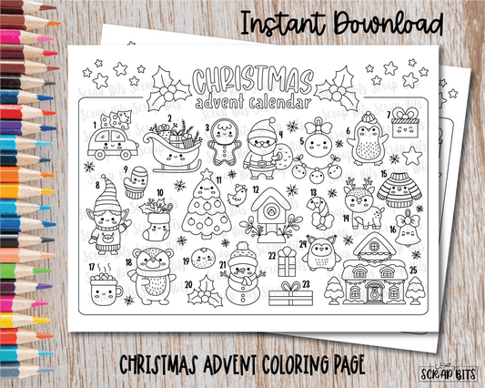 Printable Christmas Advent Calendar, Christmas Coloring Sheet . Instant Download - Scrap Bits