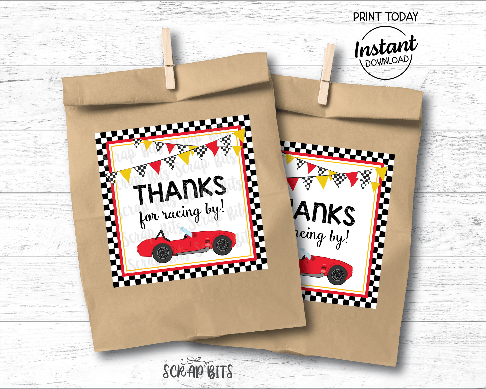 Racing Party Tags, Printable Racing Birthday Tags, Red Race Car Treat Bag Tags, Instant Download - Scrap Bits