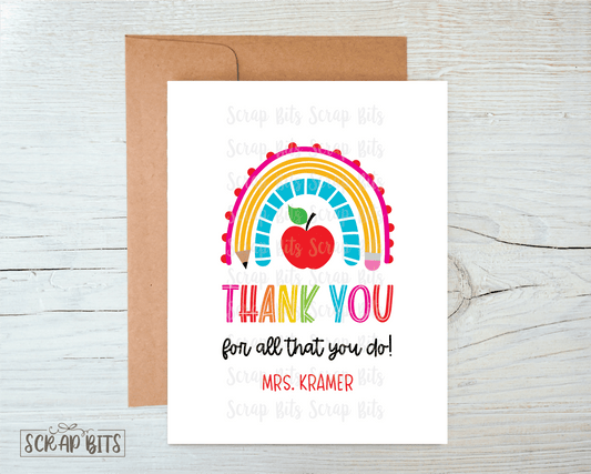 Rainbow Teacher Appreciation Card, Teacher Thank You Card - Scrap Bits