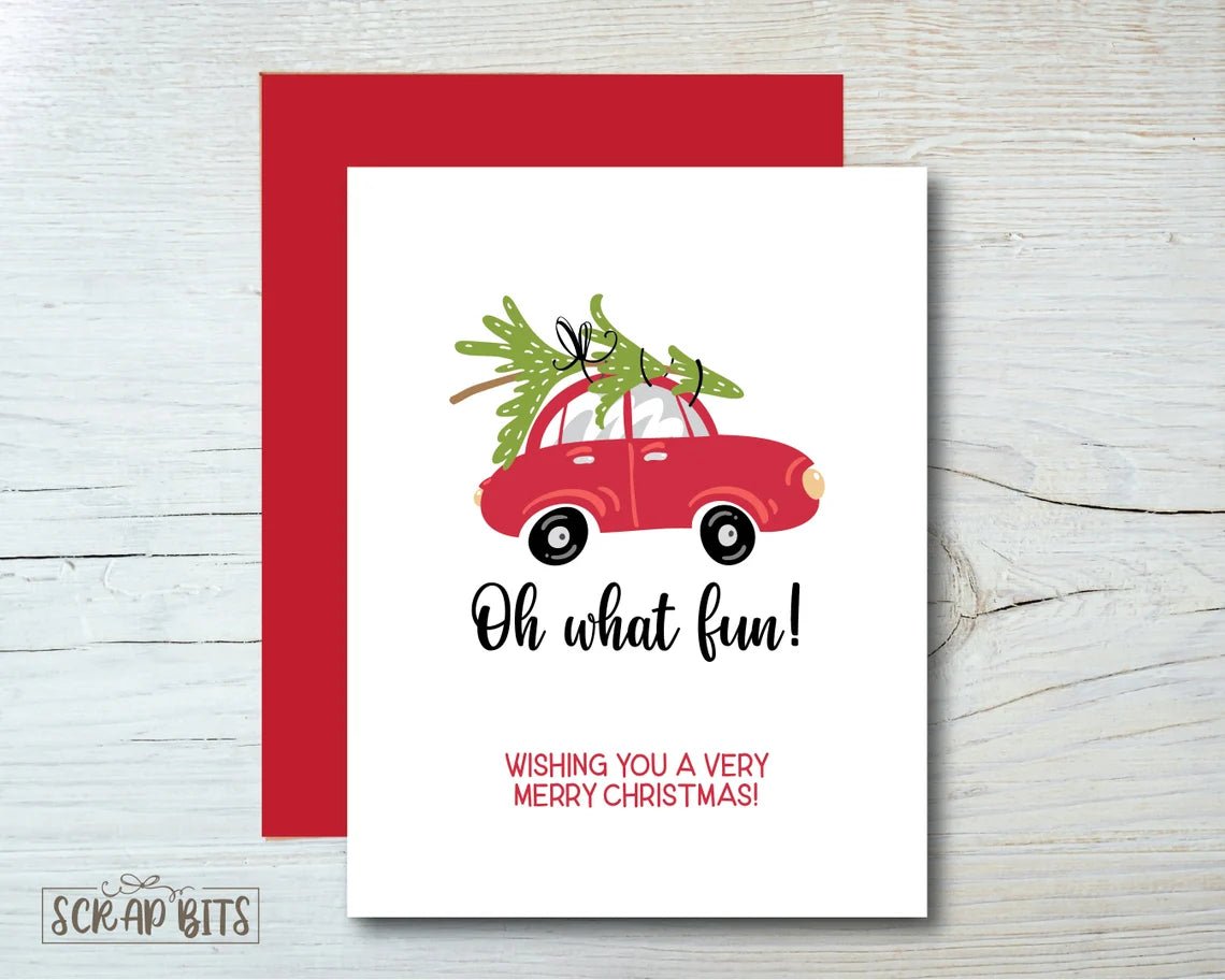 Red Car Christmas Card, Oh What Fun . Single or Set of 10 - Scrap Bits