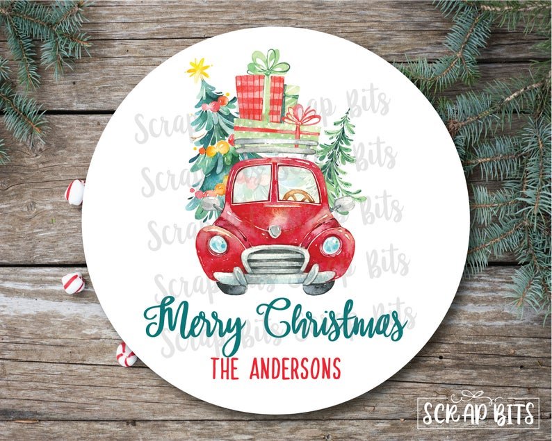 Red Christmas Car of Presents Stickers or Tags . Christmas Gift Labels - Scrap Bits