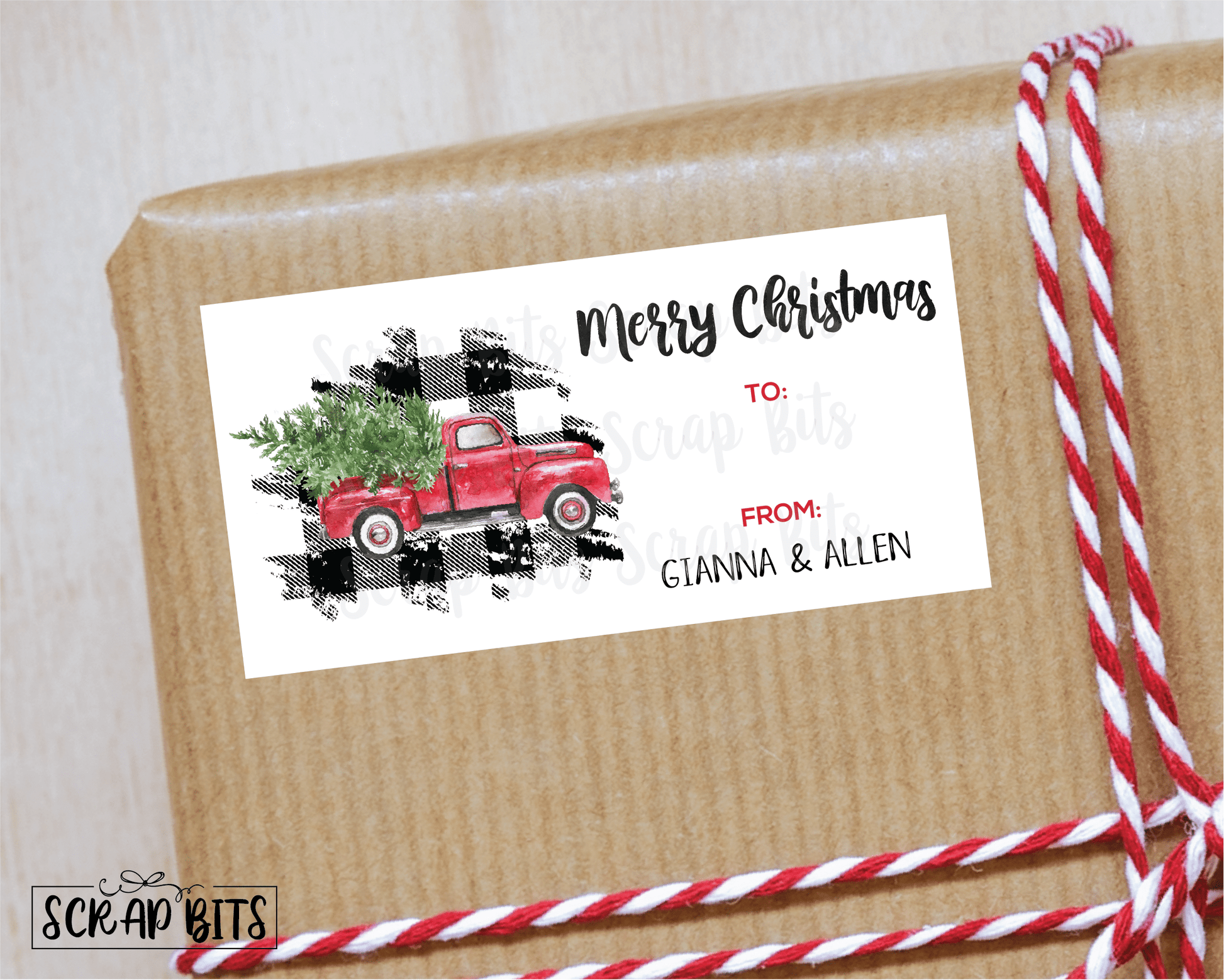 Red Truck on Buffalo Plaid Stickers . Rectangular Christmas Gift Labels - Scrap Bits