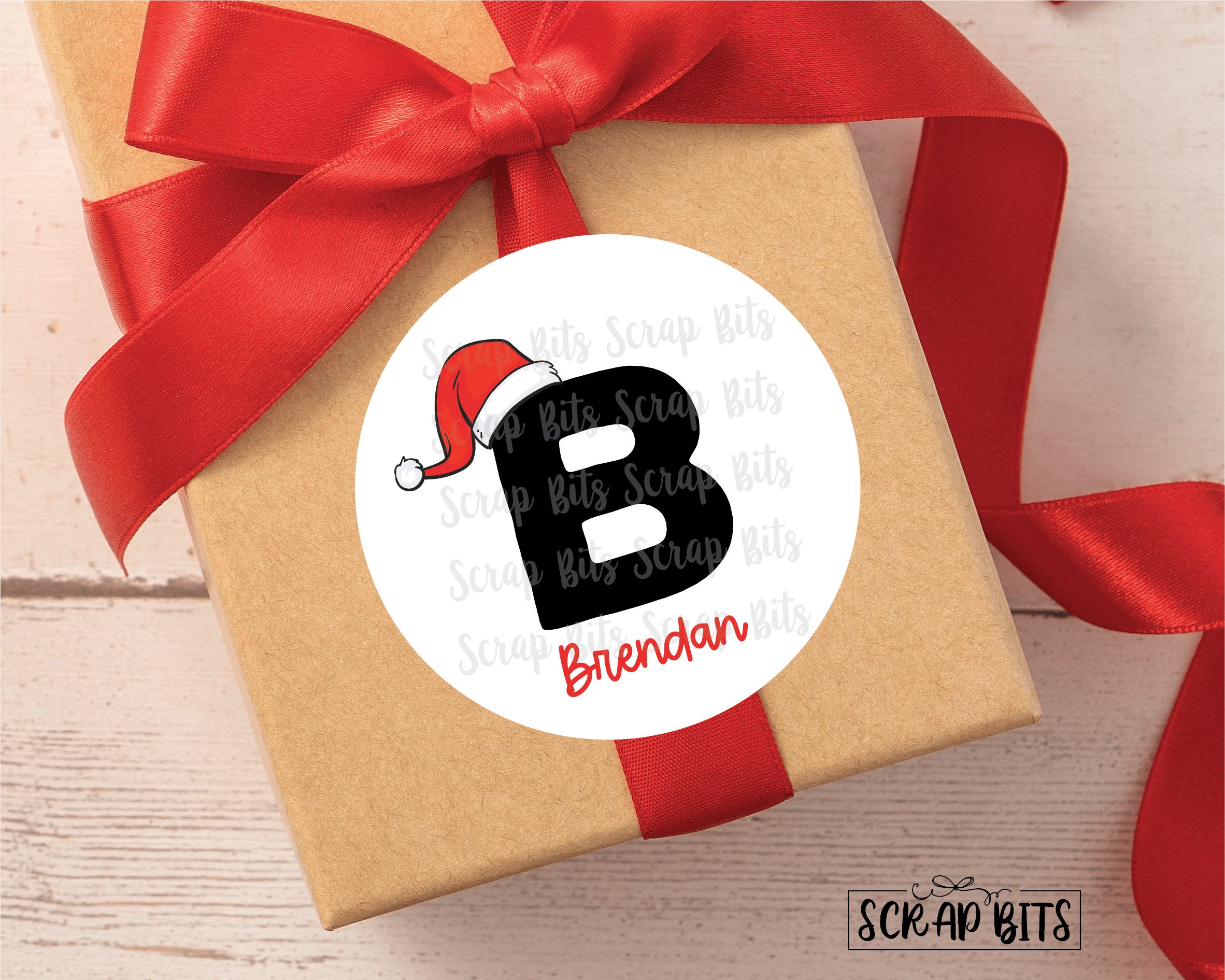 Santa Hat Initial Christmas Name Stickers . Personalized Christmas Stickers or Tags - Scrap Bits