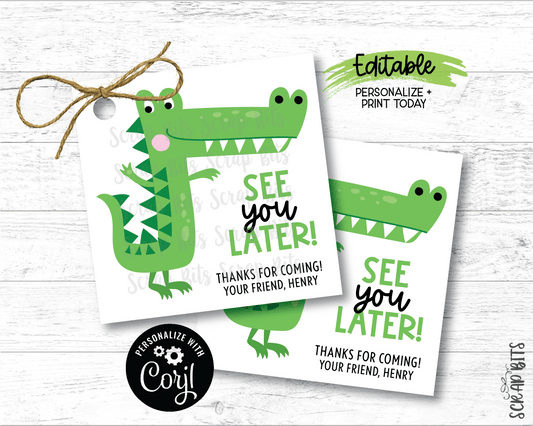 See You Later Alligator Tags, Printable Birthday Favor Tags, Instant Download Editable Template - Scrap Bits