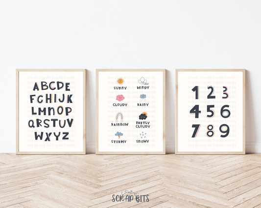 Set of 3 Educational Posters, Numbers, Alaphabet & Weather Prints, Cutesy Font . 5 Digital Print Sizes - Scrap Bits