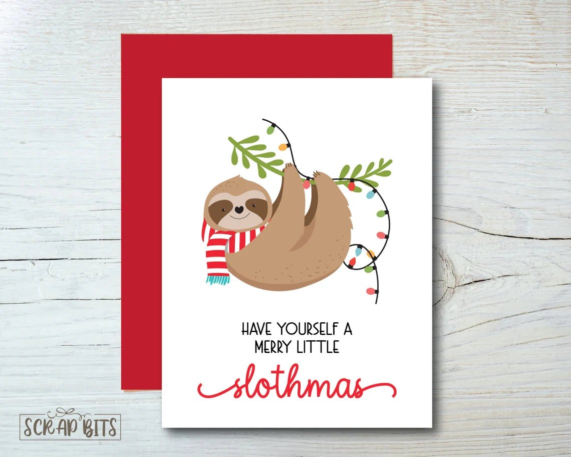 Sloth Christmas Card, Merry Little Slothmas . Single or Set of 10 - Scrap Bits