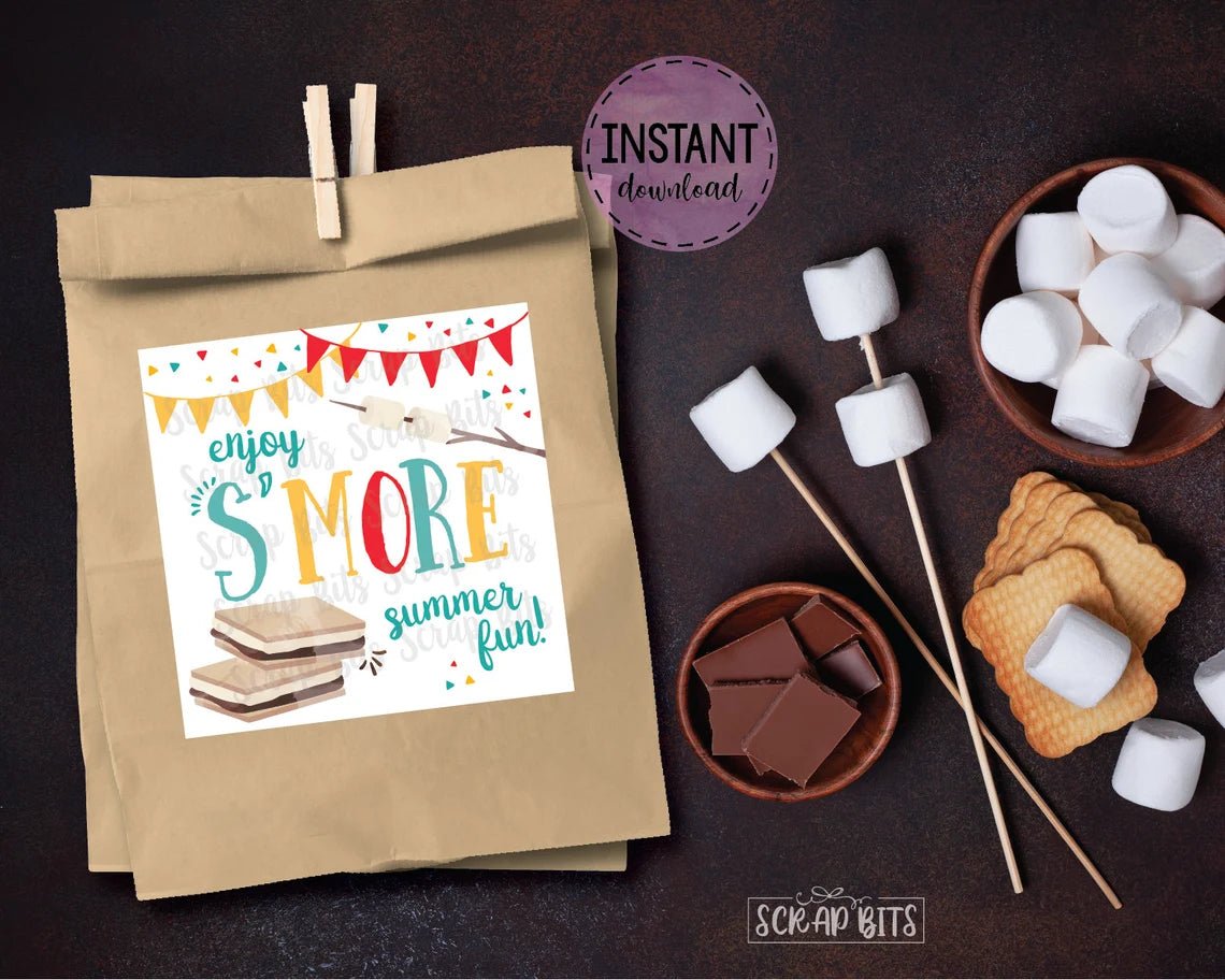S'more Summer Fun Tags, Bright Bunting, Printable Smore Tags, Instant Download - Scrap Bits