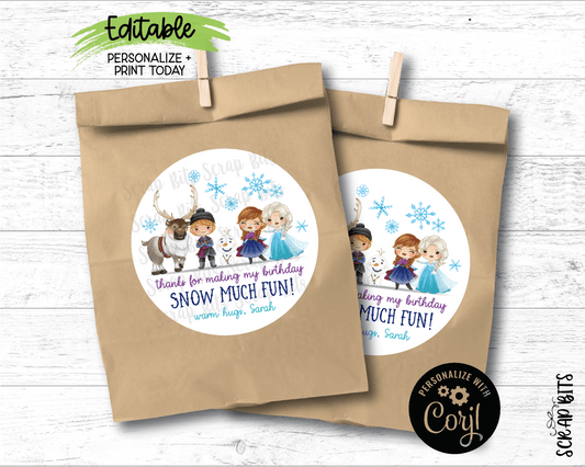 Snow Much Fun Frozen Friends Birthday Labels, Printable Frozen Party Stickers, Instant Download Editable Template - Scrap Bits