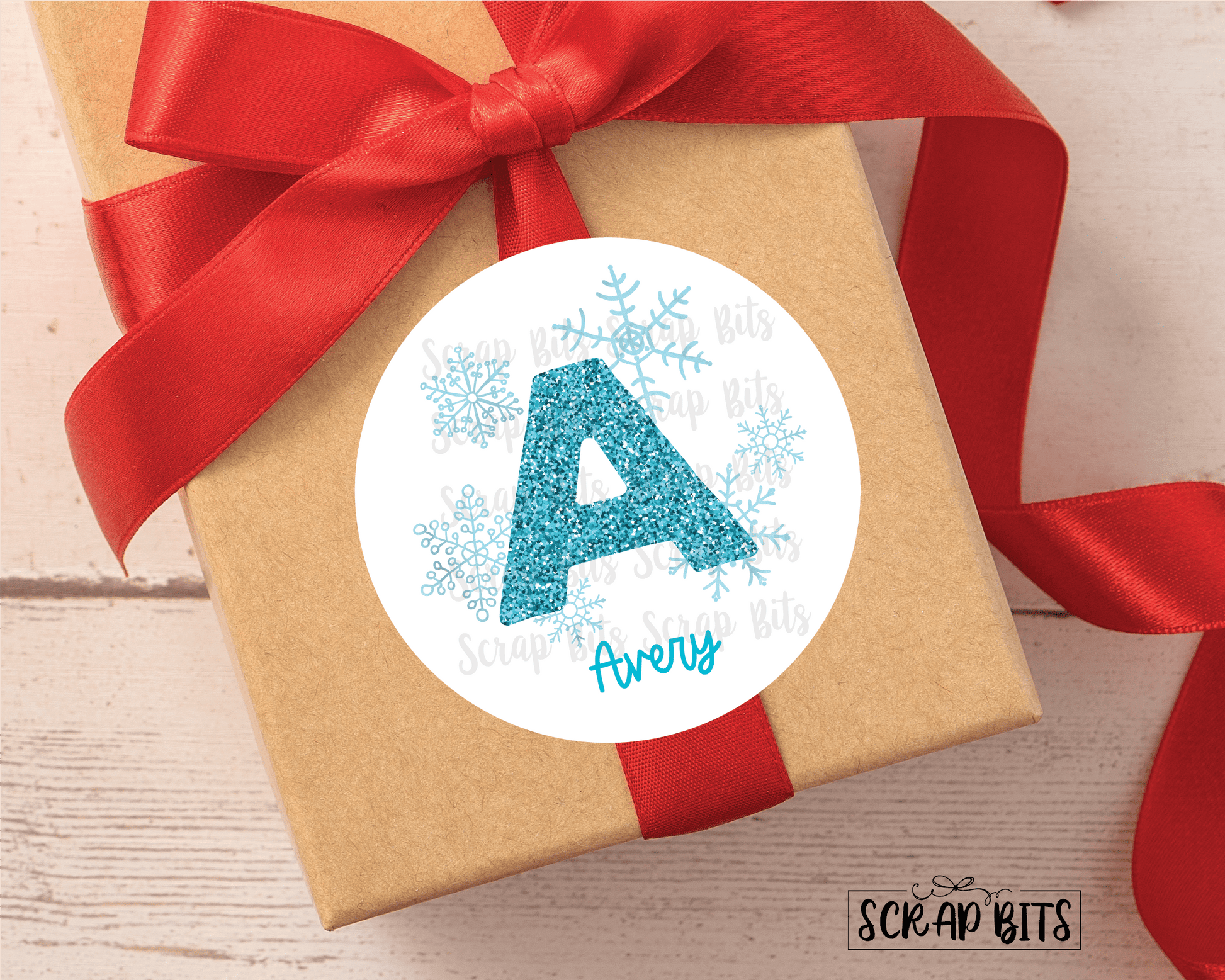 Snowflake Christmas Stickers, Faux Aqua Glitter Initial Christmas Name Stickers . Personalized Christmas Stickers or Tags - Scrap Bits
