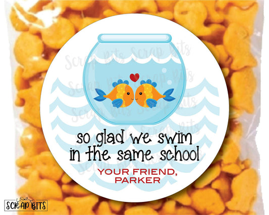 So Glad We Swim In The Same School Fishbowl Valentines . Valentine's Day Stickers or Tags - Scrap Bits