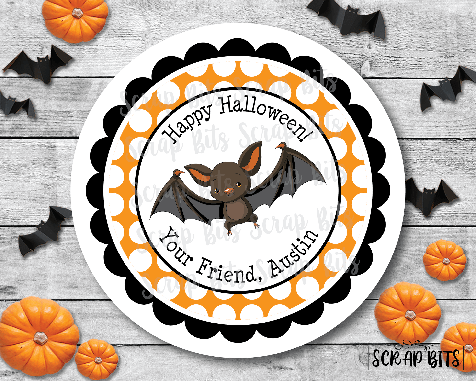 Spooky Flying Bat Halloween Stickers or Tags - Scrap Bits