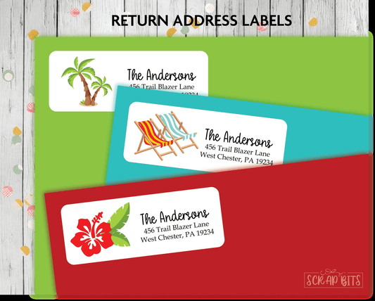 Summer Address Labels, Palm Trees, Hibiscus & Beach Chairs - Scrap Bits