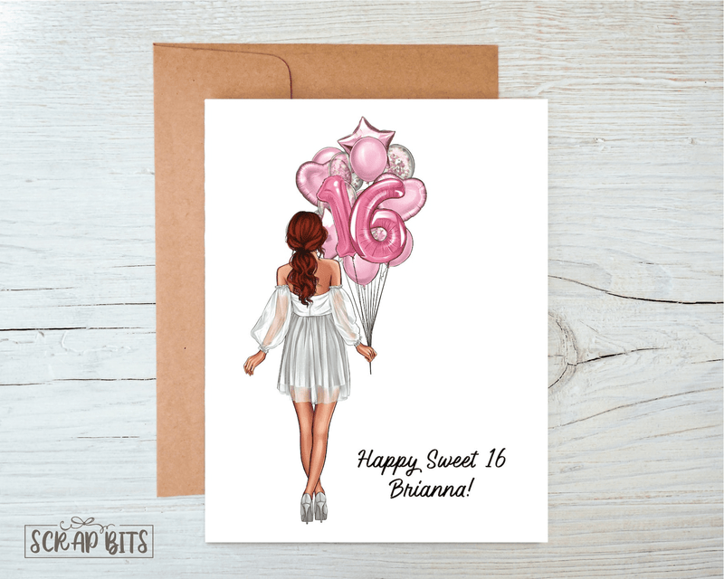 Sweet 16 Birthday Card, Birthday Girl with Balloon Bunch ANY AGE Foil Balloons . Birthday Portrait Card - Scrap Bits