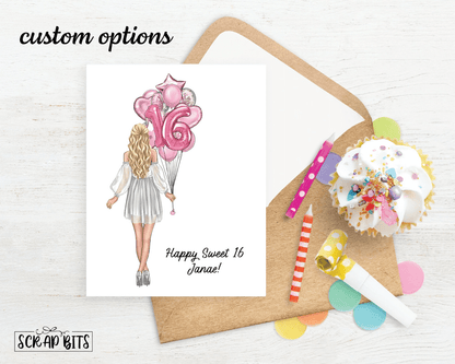 Sweet 16 Birthday Card, Birthday Girl with Balloon Bunch ANY AGE Foil Balloons . Birthday Portrait Card - Scrap Bits