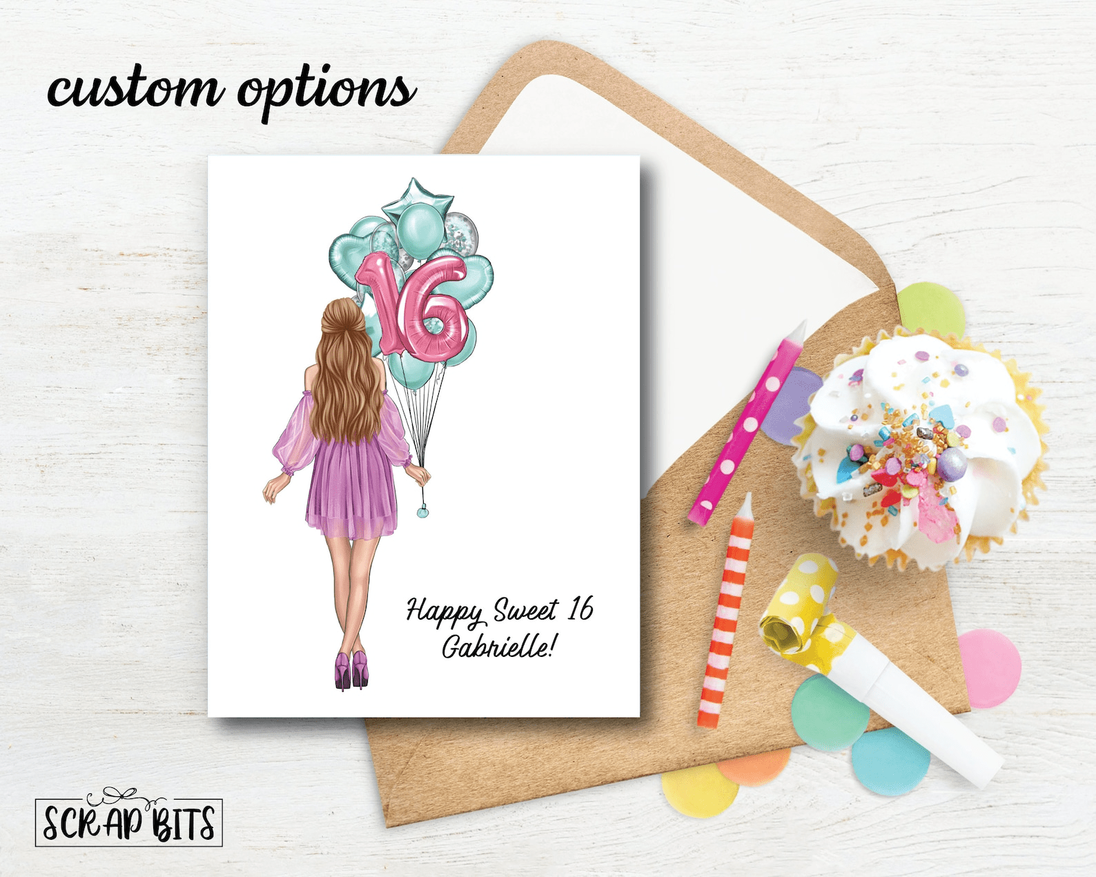 Sweet 16 Birthday Card, Birthday Girl with Balloon Bunch ANY AGE Foil Balloons . Birthday Portrait Card - Scrap Bits