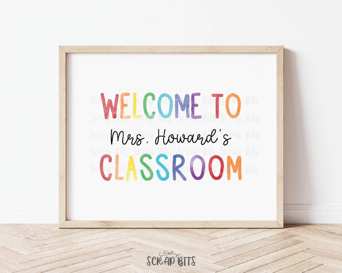 Teacher Name Classroom Welcome Sign, Thin Watercolor Rainbow Cursive . Custom Back To School Sign . 5 Digital Print Sizes - Scrap Bits