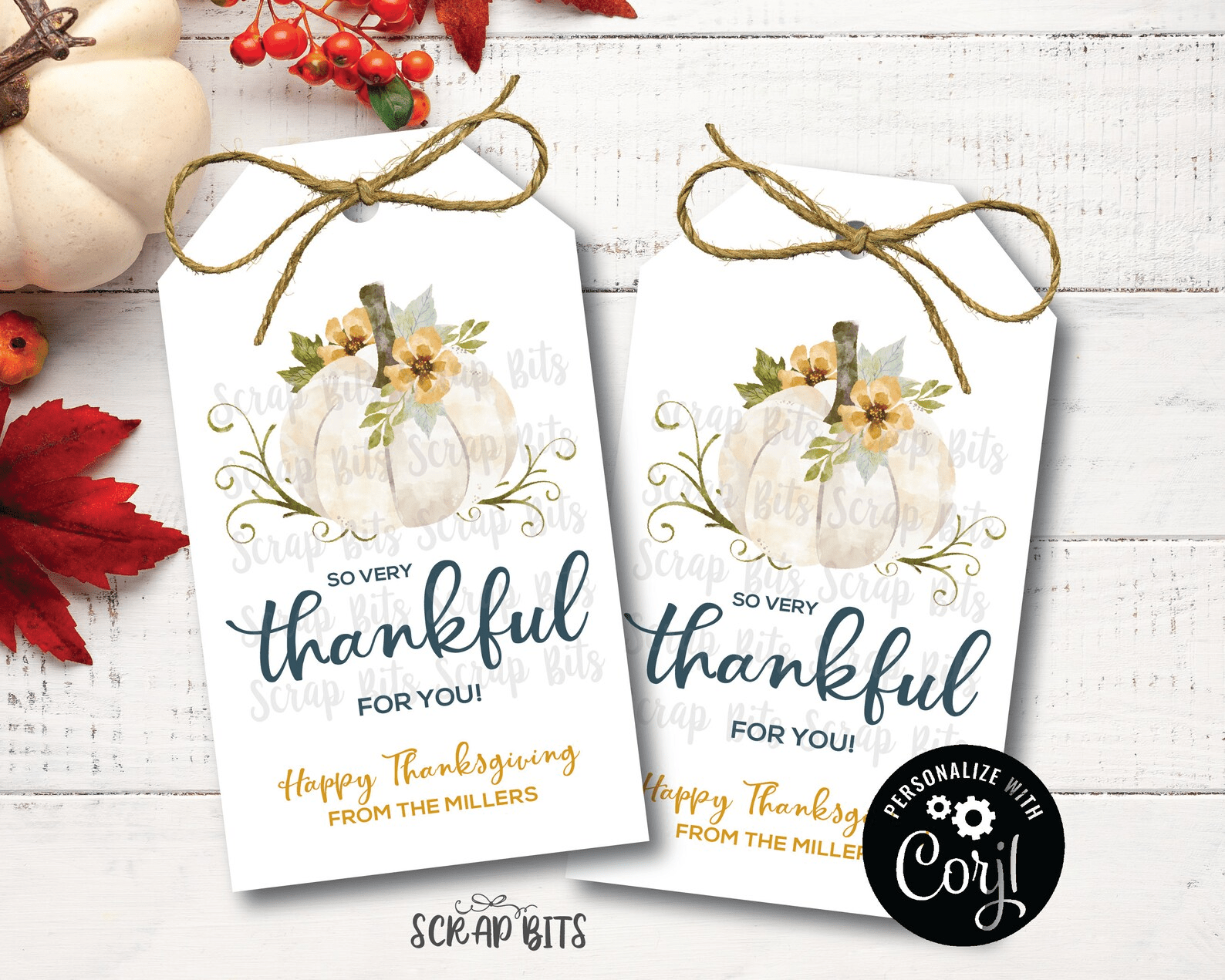 Thankful White Pumpkin Tags, So Thankful Tags, Printable Thanksgiving Tags . Instant Download Editable Template - Scrap Bits