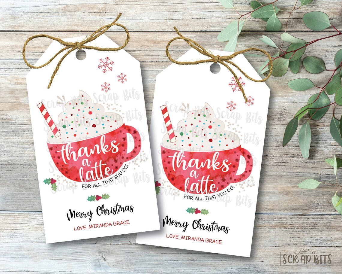 Thanks A Latte Christmas Tags, Red Watercolor Mug . Personalized Christmas Gift Tags - Scrap Bits