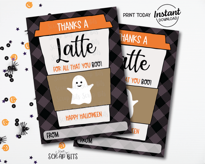 Thanks A Latte For All That You BOO, Printable Halloween Gift Card Holder for Coffee, Instant Download - Scrap Bits