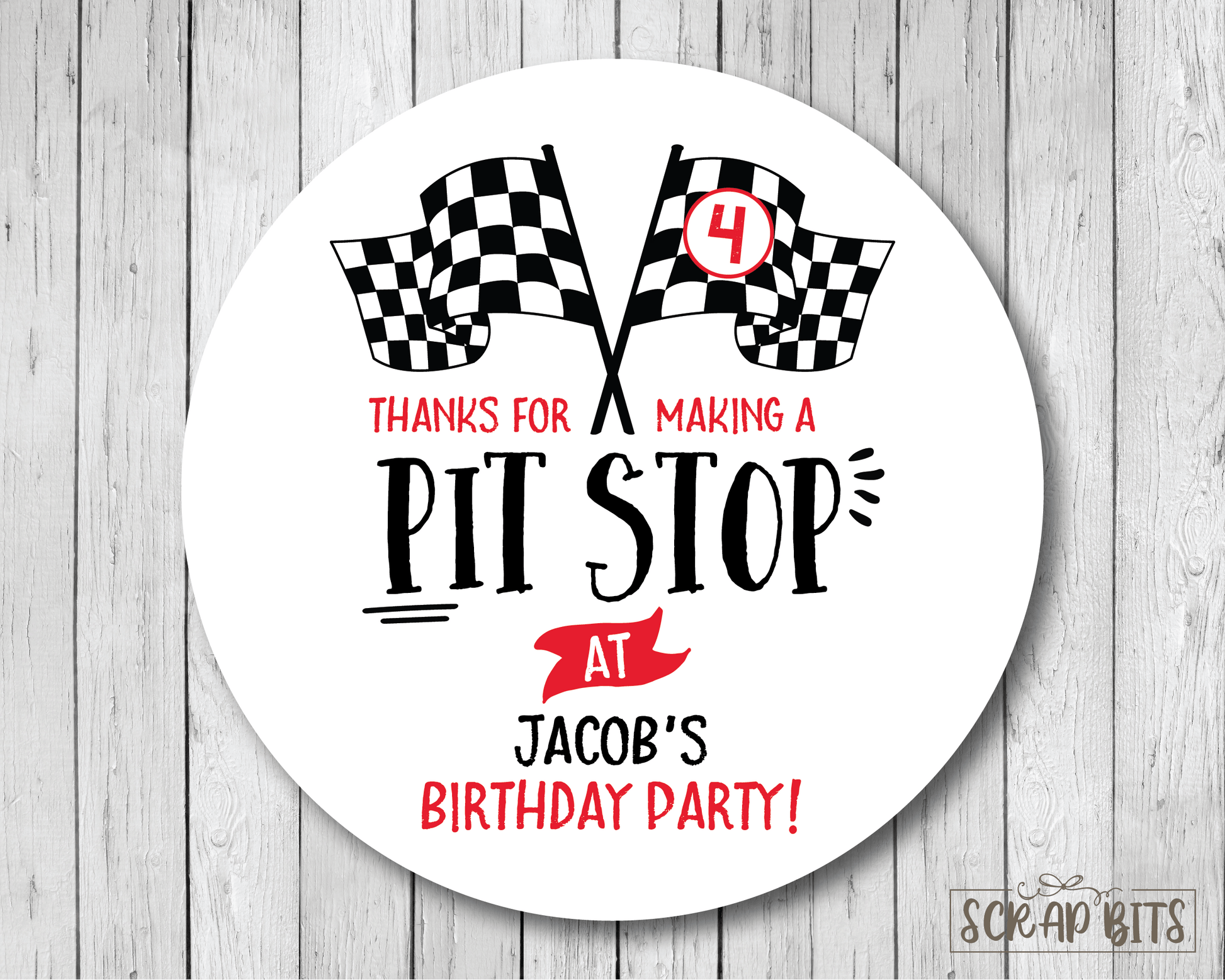 Thanks For Making a Pit Stop, Racing Flags Racing Birthday Favor Stickers or Tags - Scrap Bits