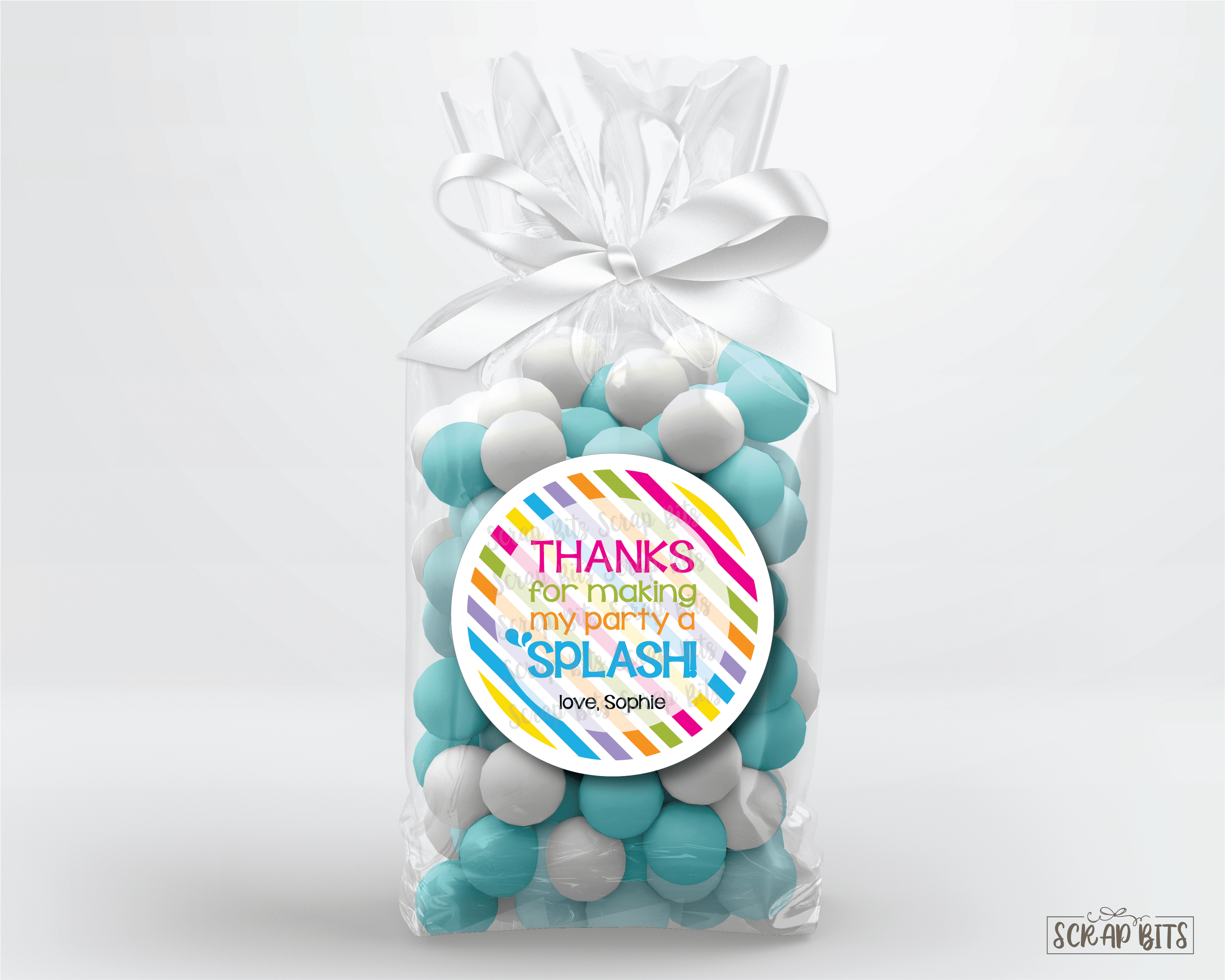 Thanks For Making My Party A Splash, Diagonal Stripes . Pool Party Favor Stickers or Tags - Scrap Bits