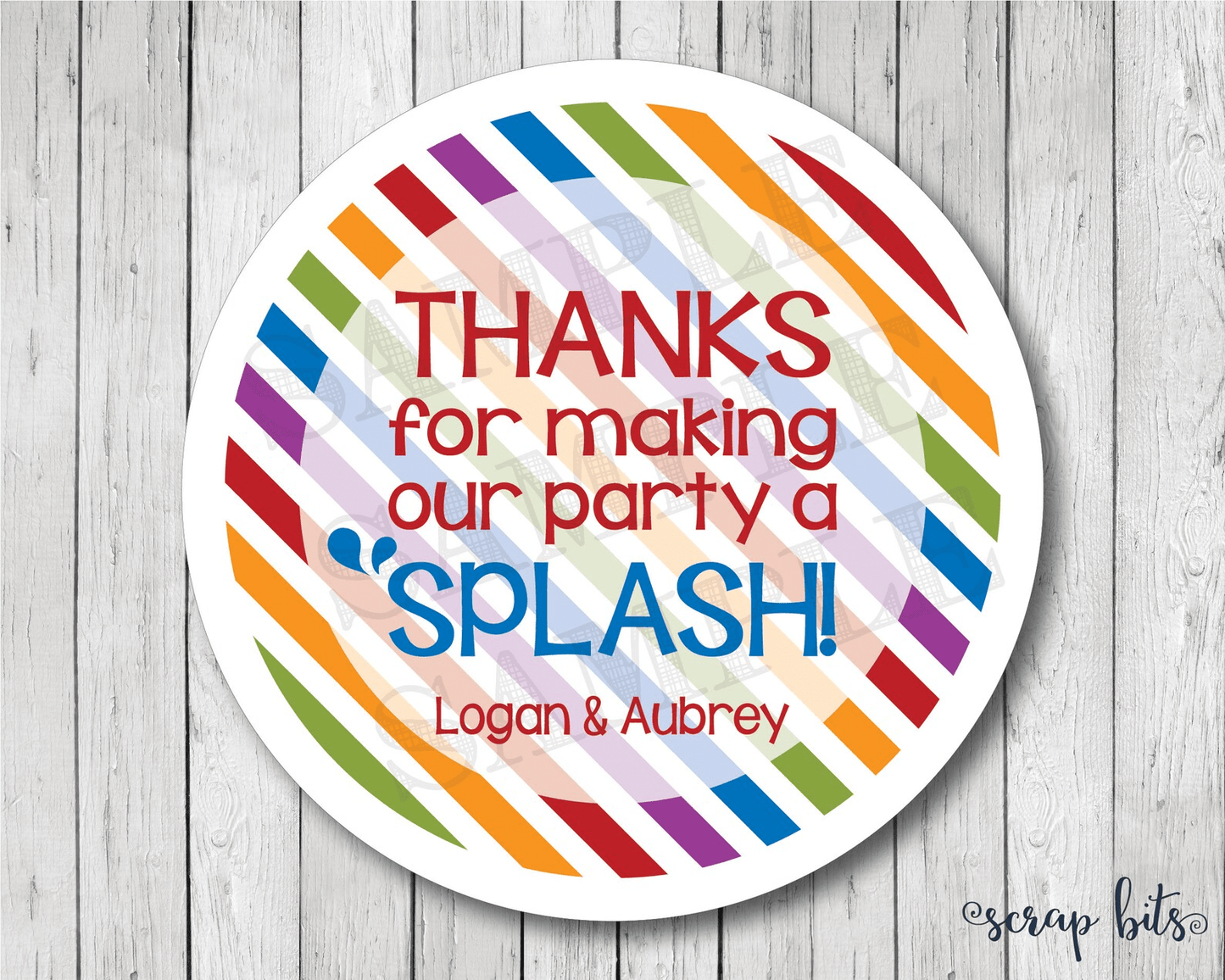 Thanks For Making My Party A Splash, Diagonal Stripes . Pool Party Favor Stickers or Tags - Scrap Bits