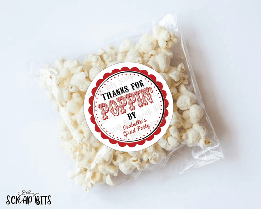 Thanks For Popping By, Circus Theme Popcorn Favor Stickers or Tags - Scrap Bits