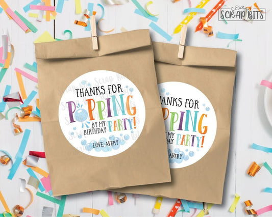 Thanks For Popping By My Birthday Party, Bubble Party Favor Stickers or Tags - Scrap Bits