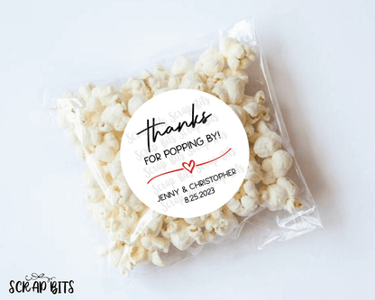 Thanks For Popping By Stickers, Personalized Popcorn Wedding Labels, Wedding Favor Stickers or Tags - Scrap Bits