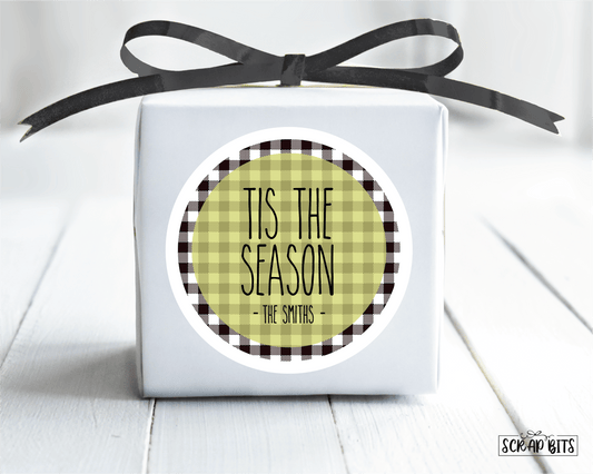 Tis The Season Stickers, Simple Lettering on Buffalo Plaid Stickers or Tags . Christmas Gift Labels - Scrap Bits