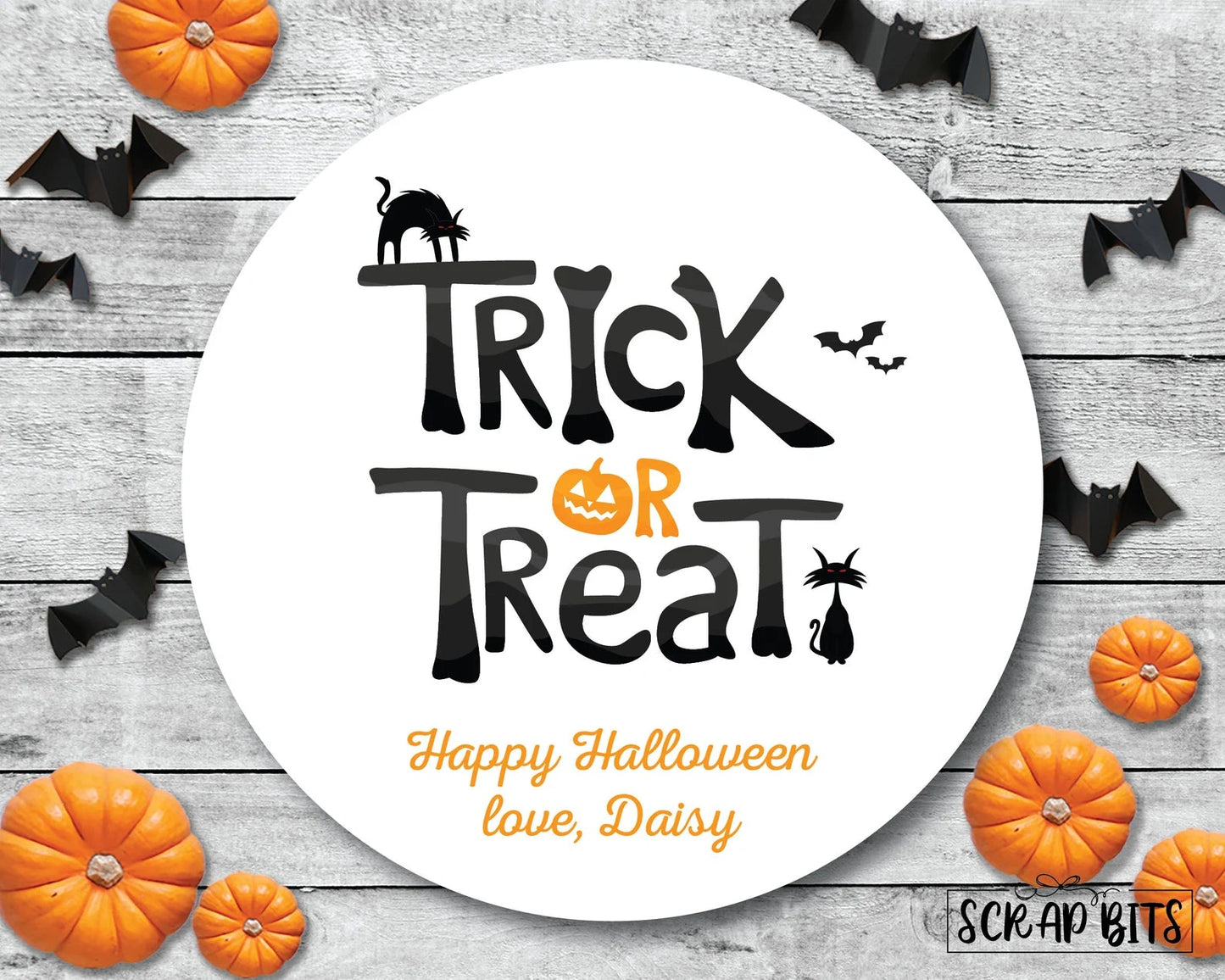 Trick or Treat, Black Cat Pumpkin . Halloween Stickers or Tags - Scrap Bits
