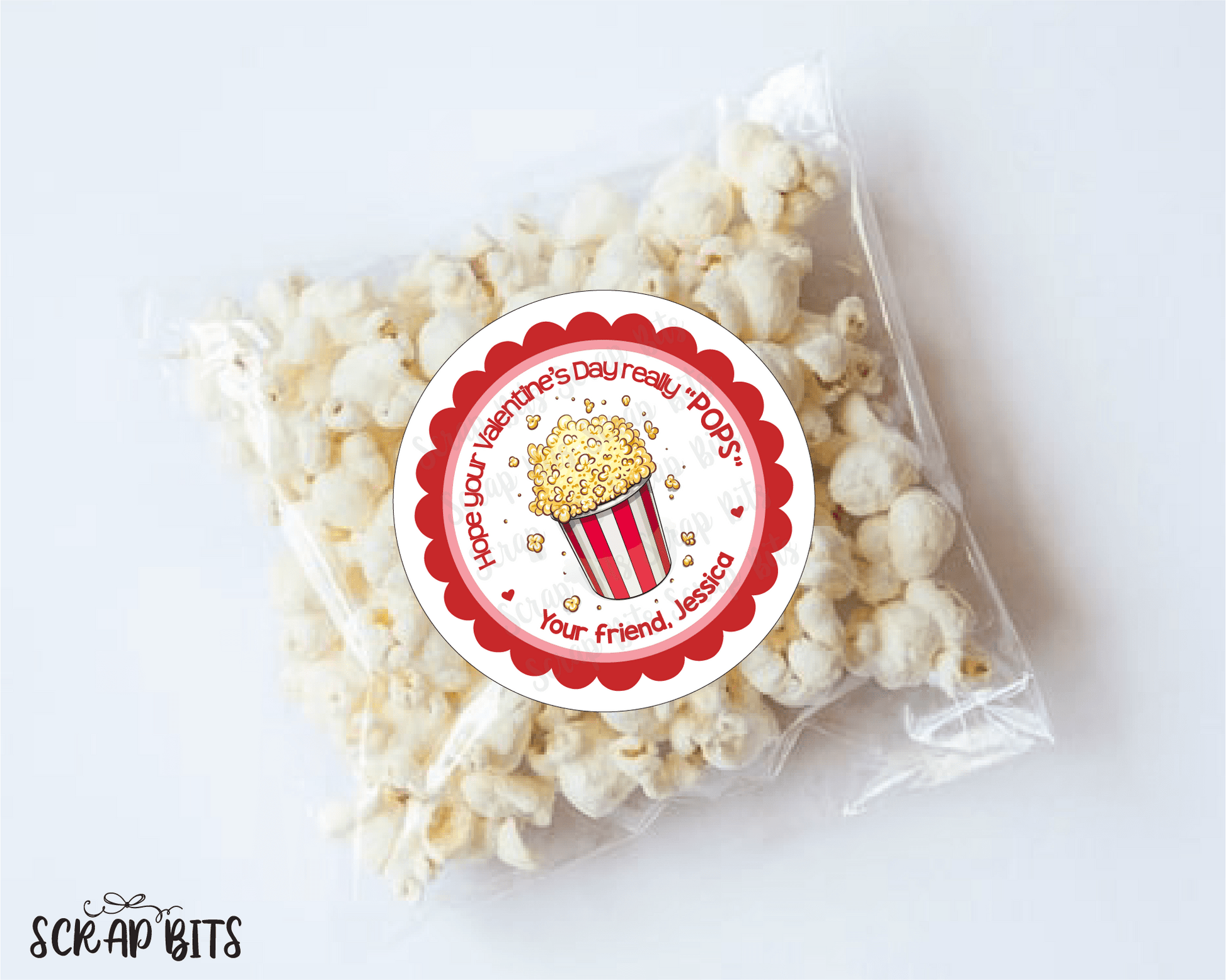 Valentine Popcorn Stickers, Personalized Valentine's Day Stickers or Tags - Scrap Bits