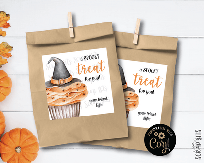 Watercolor Cupcake with Witch Hat Tags, Printable Halloween Tags, Instant Download Editable Template - Scrap Bits